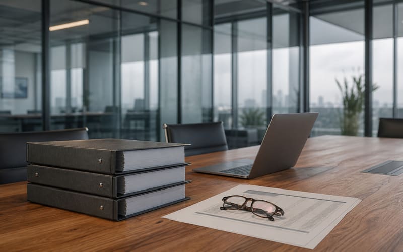 Conference room table with lease binders, a laptop, and reading glasses