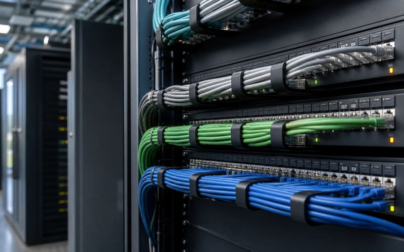Server rack cables neatly patched into a network panel in a building's IT closet
