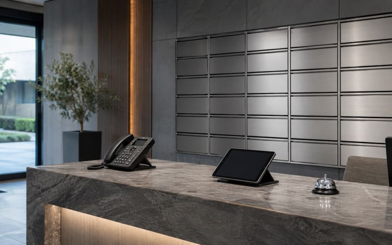Office building reception desk with a phone, a tablet, and a wall of mailboxes behind it
