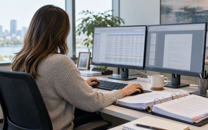 Lease administrator at a desk with a dual-monitor setup, a lease binder open beside the keyboard, in a bright office