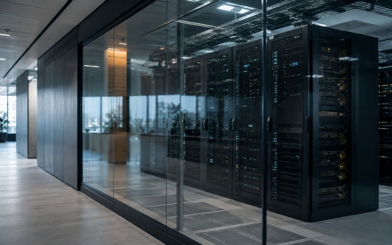 Server room window in an office building with rows of equipment and a corridor beyond